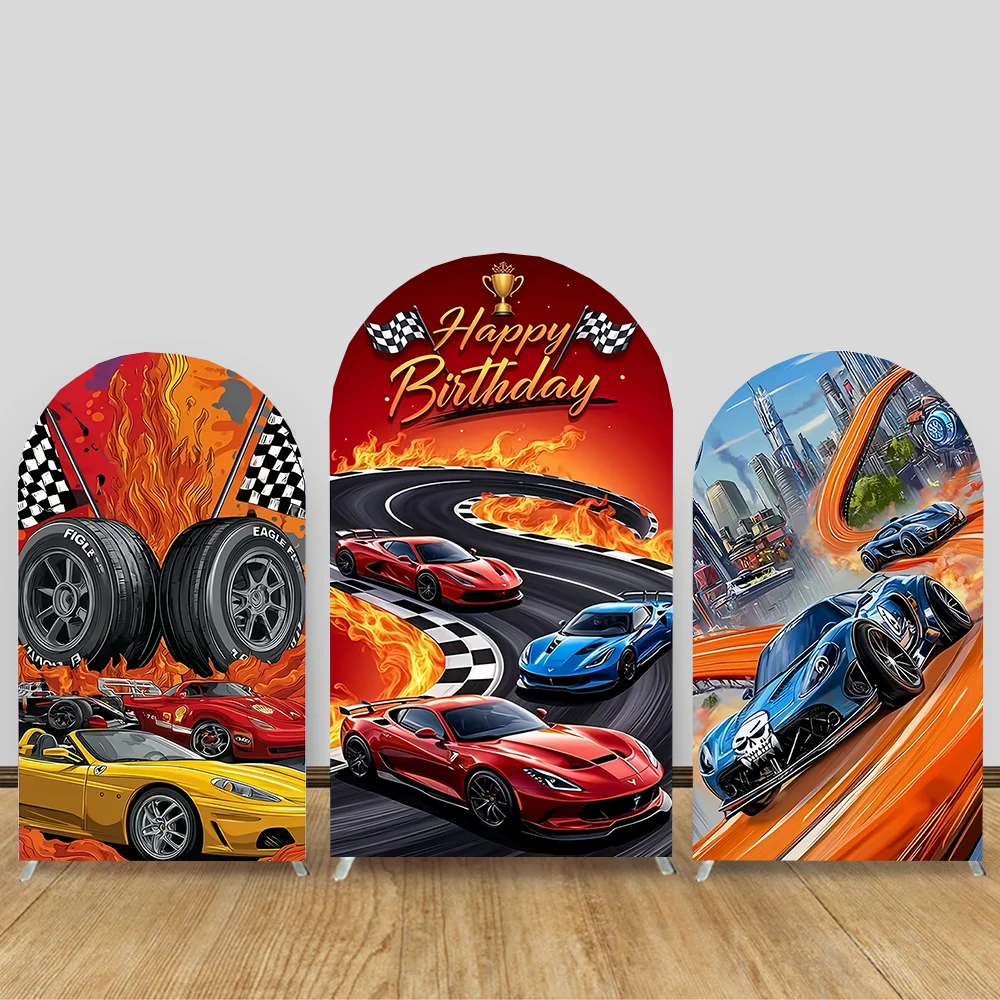 

Custom 2-Sided Red Race Car Racing Fast One Boy Birthday Party Baby Shower Cover Chiara Arch Background Decor Backdrop