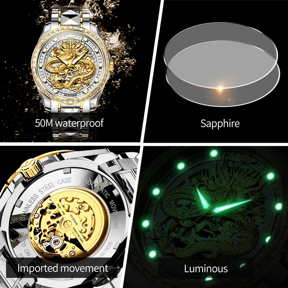 OUPINKE Top Luxury Brand Men Watches Tungsten Steel Strip Relief Design Automatic Mechanical Watch Waterproof Dragon Wristwatch