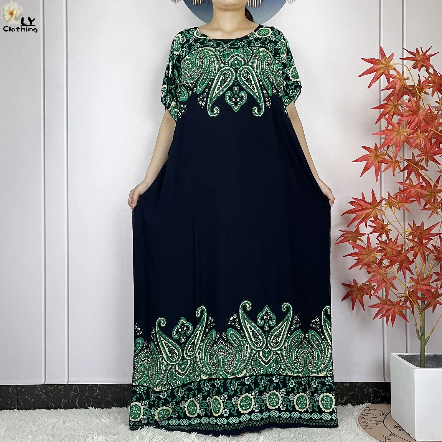 Muslim Woman Summer Short Sleeve Printing Cotton Dresse With Big Scarf African Dashiki Floral Loose Robe Lady Casual Vestidos