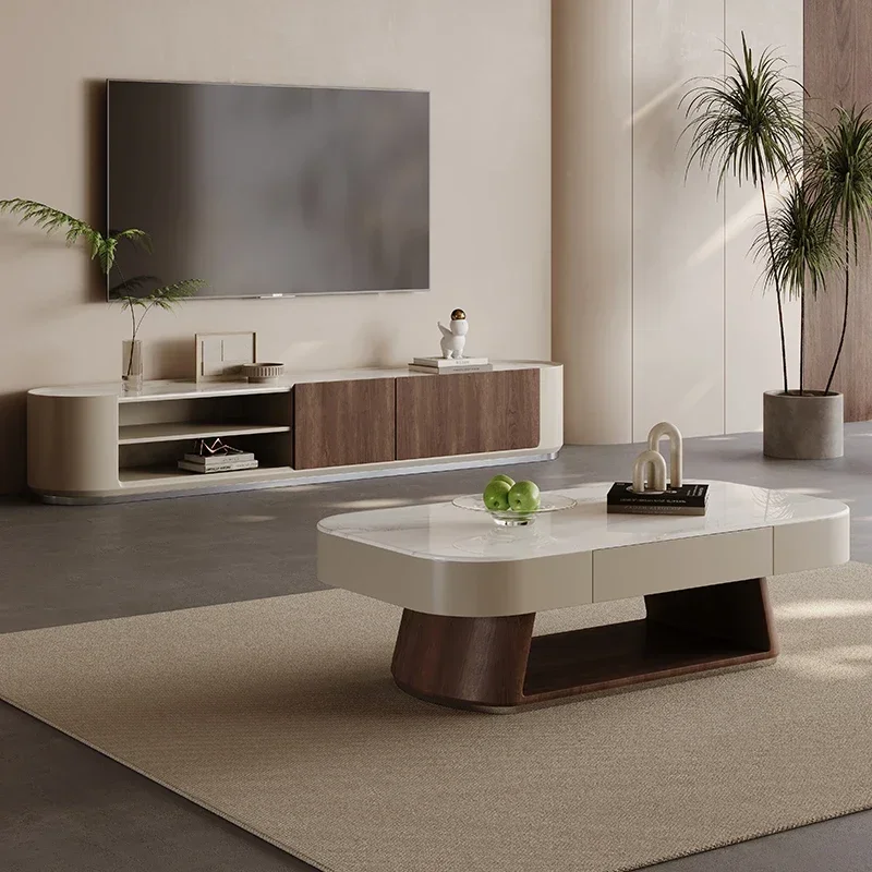 Living Room Coffee Table TV Cabinet Combination Solid Wood Cream Wind Modern Luxury Furniture 1.3m Tea Table 2.2m Tv Stands
