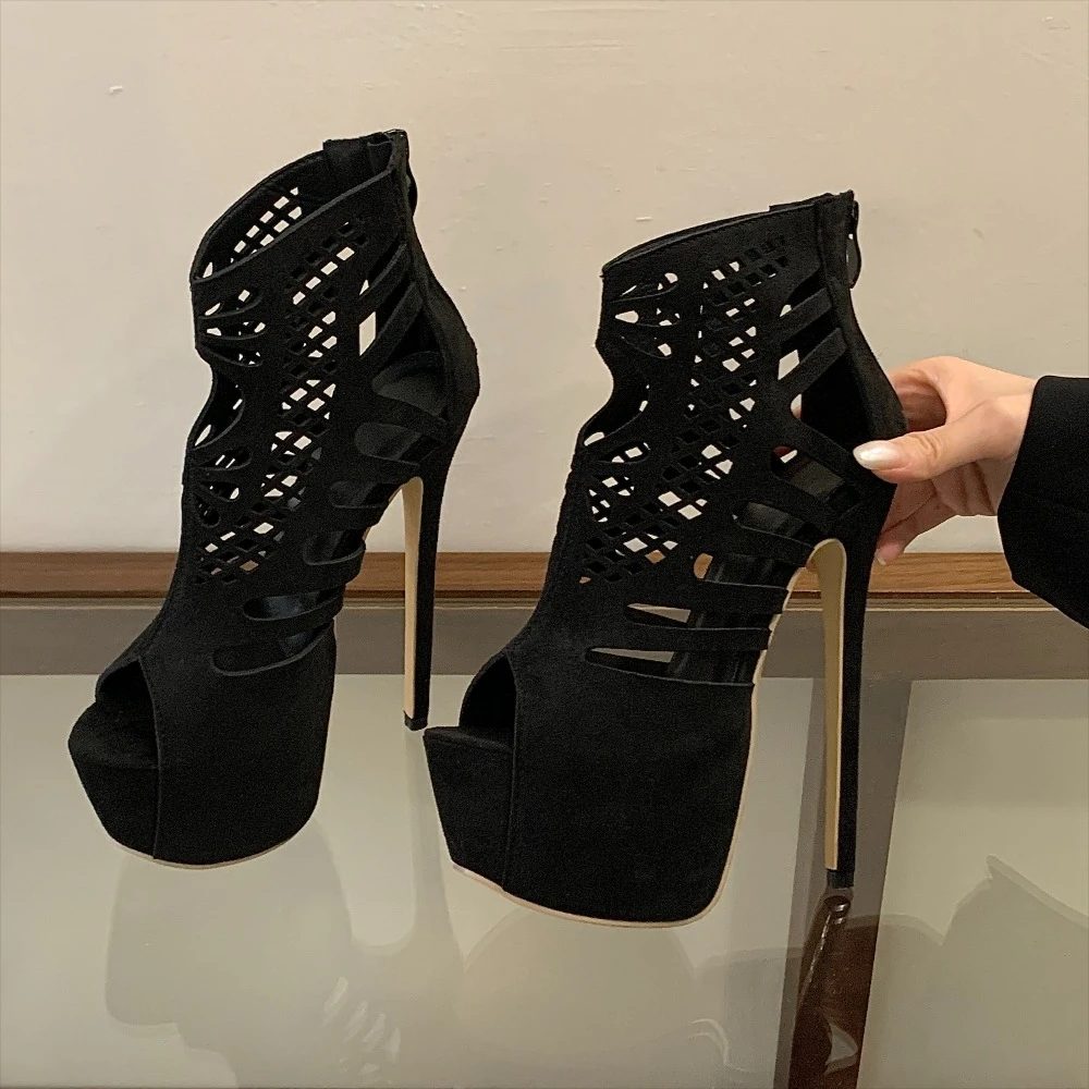 

Aneikeh Black Fashion Hollow Out Ankle Platform Sandal Boots Ultra-high Heels Cool Booties Lady Banquet Party Dress Shoes