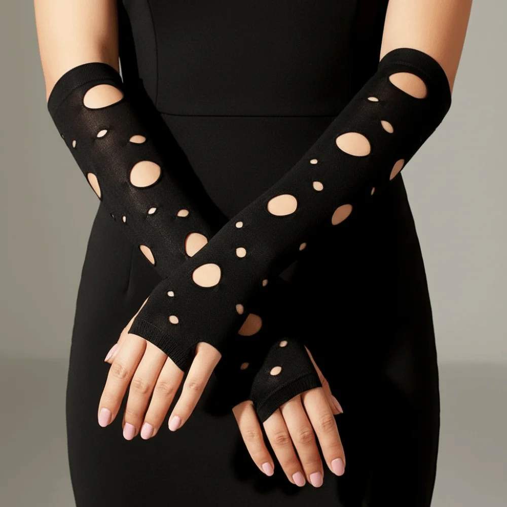 Wrist Cuffs Ripped Arm Warmers Black Hollow Fingerless Gloves Elastic Knitted Hand Sleeves Goth