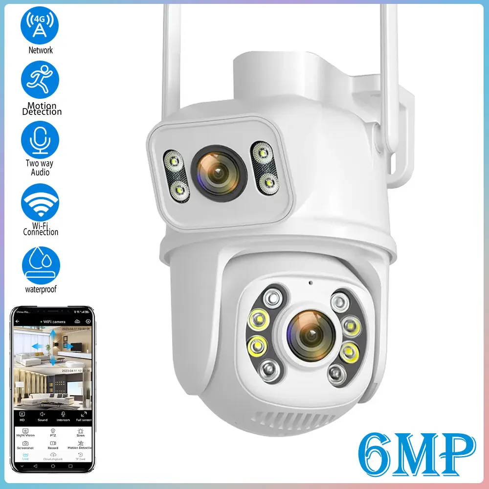 

6MP wifi двойной объектив с двойным экраном, двухсторонняя аудиокамера, наружная ИИ-камера обнаружения человека, охранная система видеонаблюдения, PTZ IP-камера