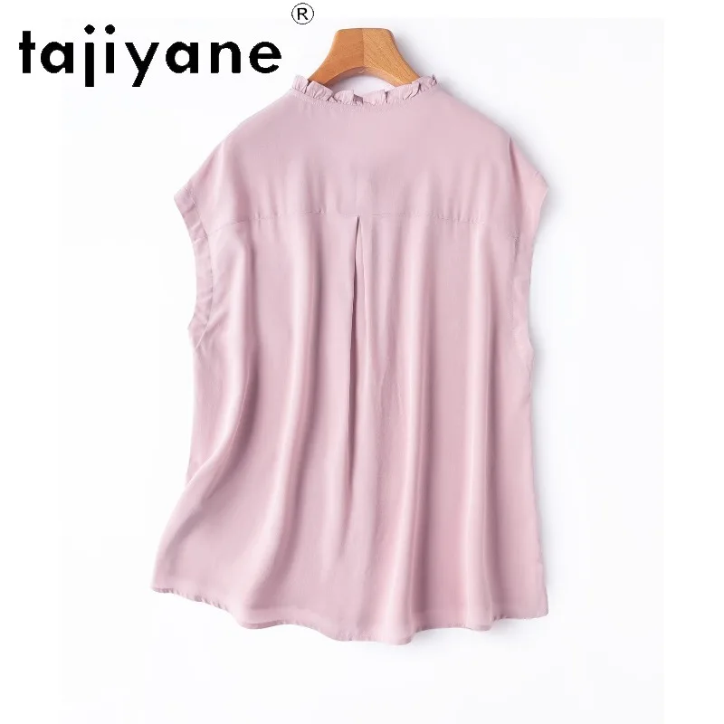TAJIYANE 100% Mulberry Silk Women T Shirts Ruffle‑Collar Blouse Loose Tee Shirt Femme Summer Tops for Woman Clothing 2026 반팔