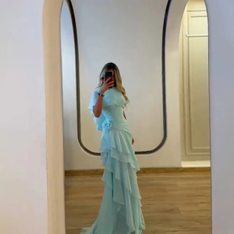 

Elegant Women's Shawl Maxi Dress Round Neck Sleeveless Ruffle Side Flower Design Skirt 2026 Summer Evening Cocktail Prom Gown
