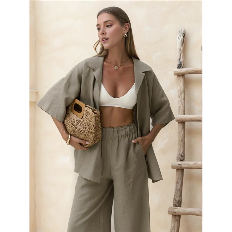 A09P Conjunto de 2 piezas para mujer, color sólido, manga larga, pantalones de lino, traje, camisa, chándal de pierna ancha, pantalones rectos informales