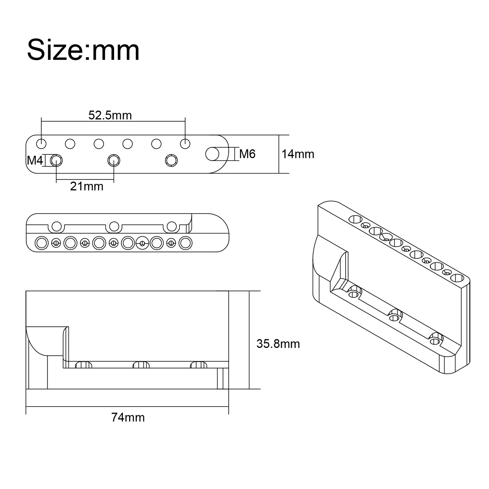 Bloque de trémolo de latón de 10,5 MM de grasa sólida con enchufe de brazo de trémolo de 6 MM 74x35,8 MM de latón para guitarra eléctrica