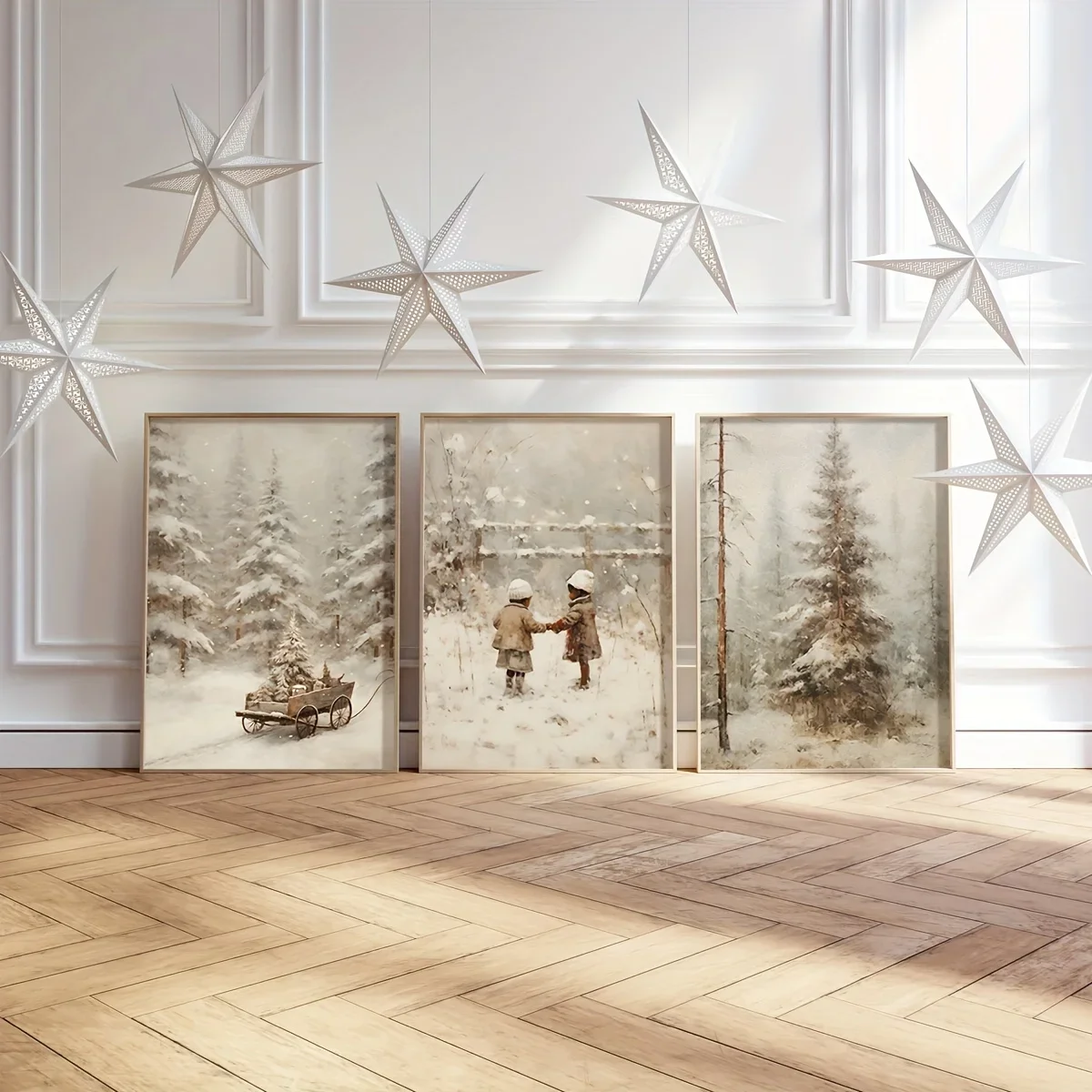 3pcs/set Rustic Cedar Scene Sleigh Canvas Print Winter Wonderland Christmas Wall Art Poster for Modern Living Room Home Decor