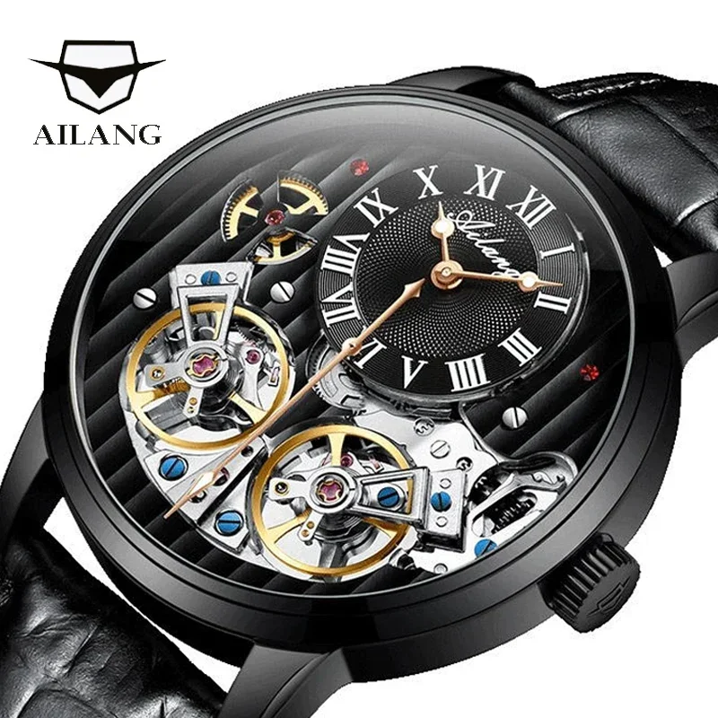 

Top luxury brand expensive men's watch automatic mechanical quality watch Roman double tourbillon water proof watch leather male