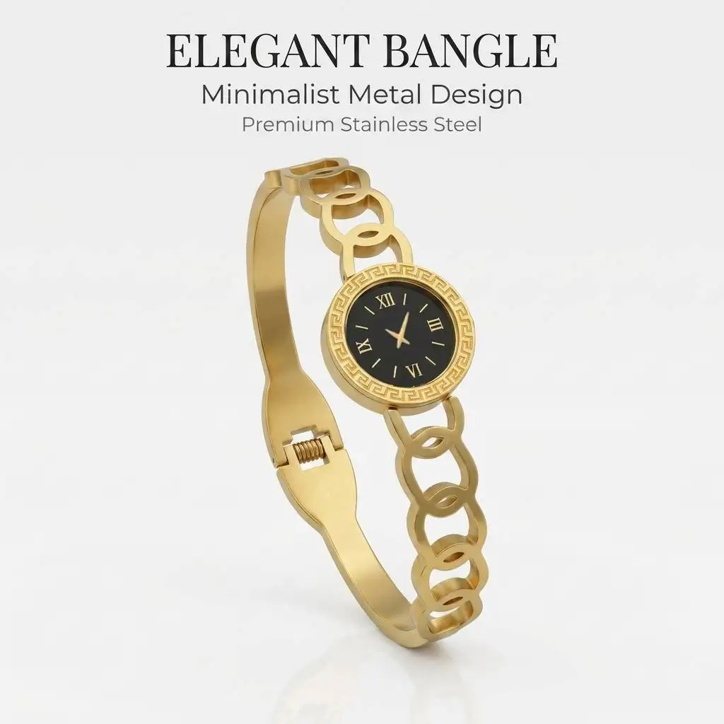Goldfarbenes Armband im Runduhren-Design, Edelstahl-Armreif mit Durchbruchmuster für Damen, Modischer Schmuck als Geschenk, Öffnungsfähig
