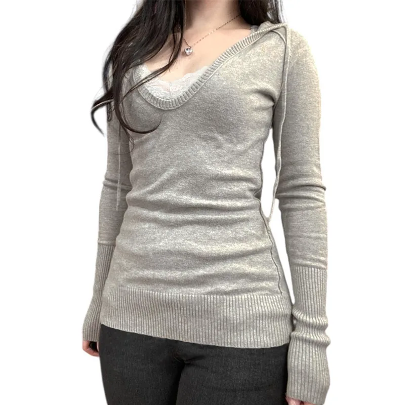 T-shirt à capuche et col en v pour femme, couleur assortie, à manches longues, slim, américain, décontracté, Spice Girl, veste vent pur, nouvelle collection