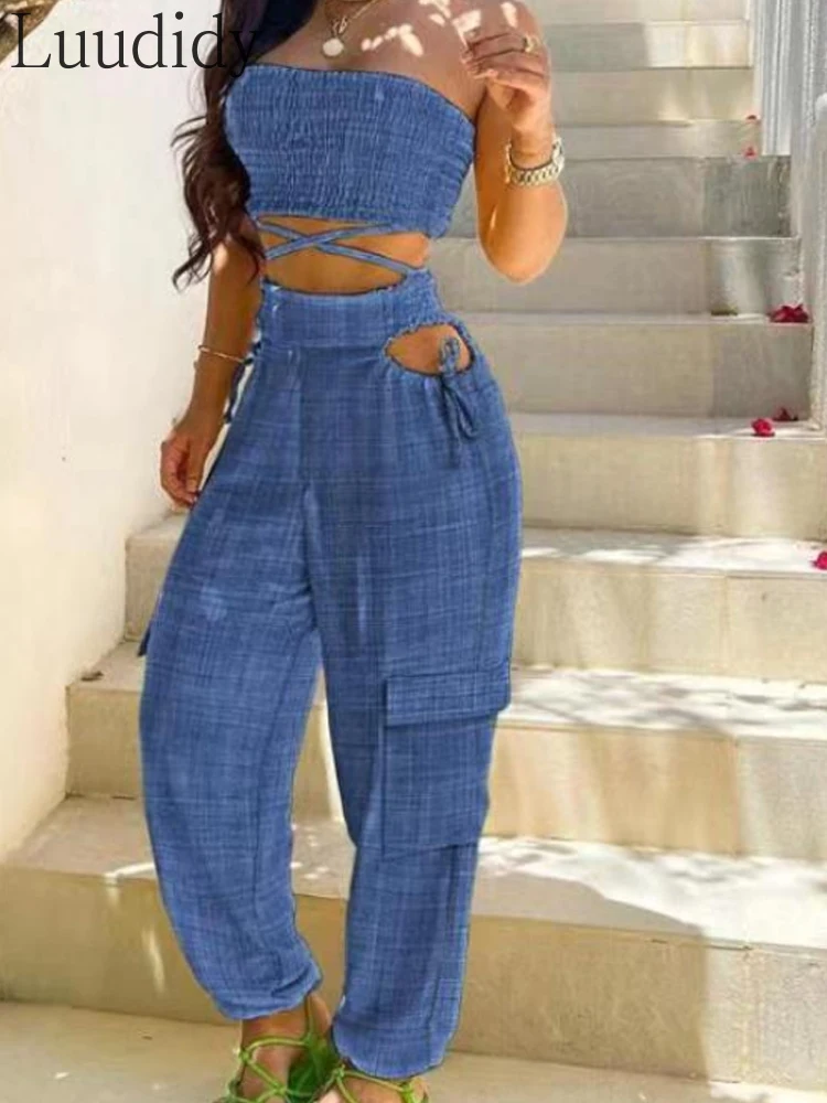 

Women Two Piece Set Shirred Crop Top and Cutout Pants Set