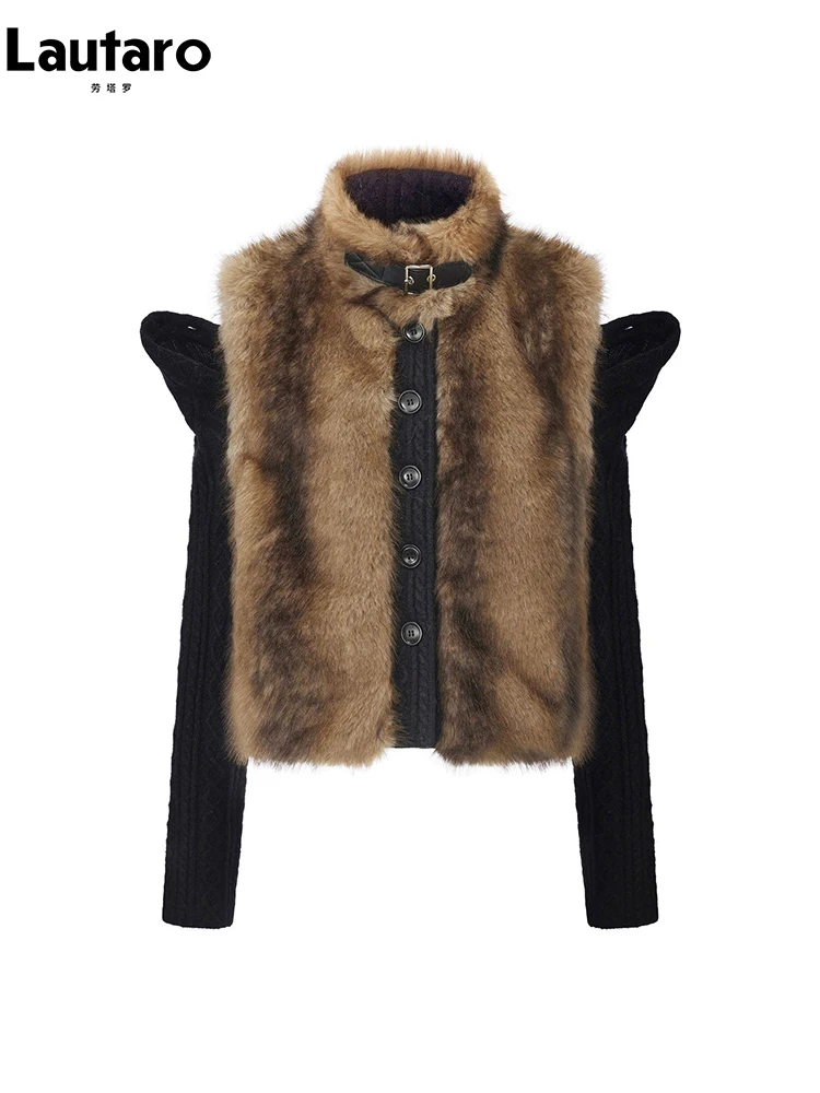 

Lautaro Autumn Winter Thick Warm Short Faux Fur Coat Women with Detachable Knitted Sleeve Elegant Luxury Chic Fluffy Jacket 2026