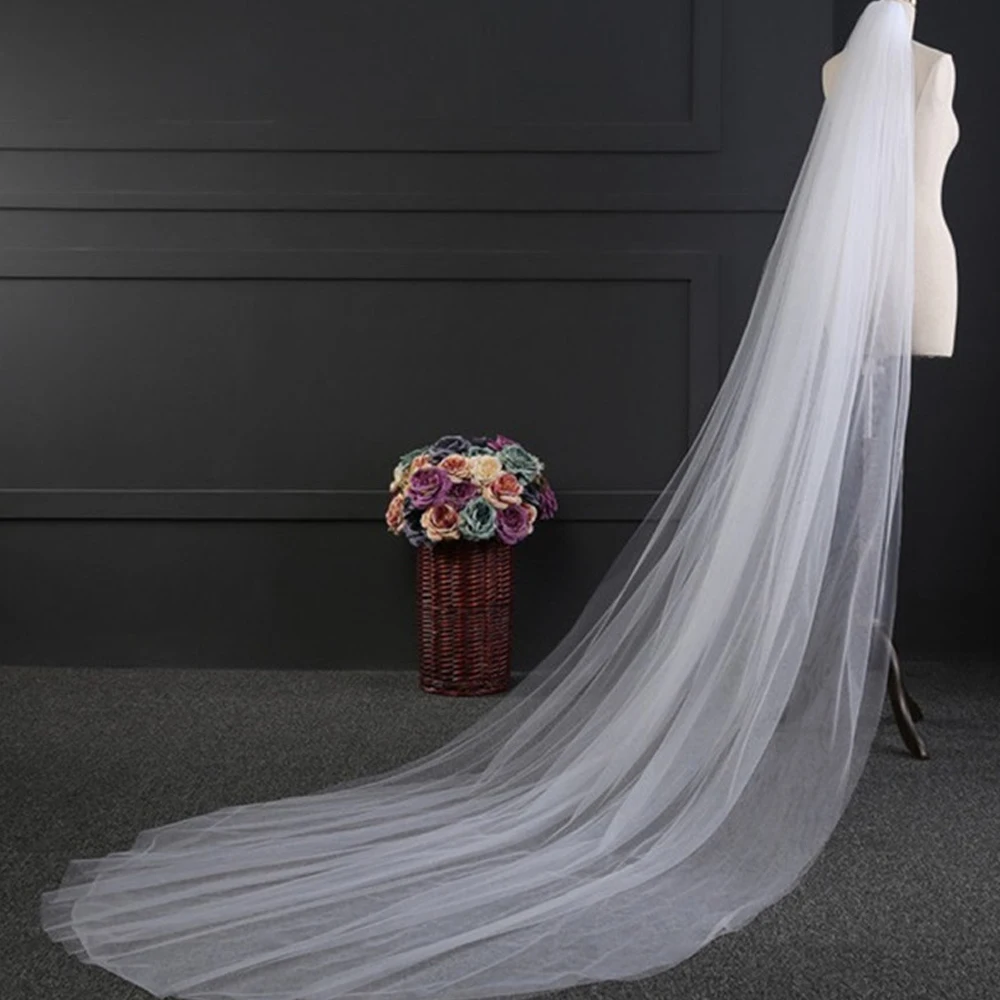 Bruidssluier Lange Wit/Ivoor Simple Plain Wedding Sluier Met Kam Kathedraal Veil Voor Bruid Velo De Novia Goedkope accessoires 300Cm