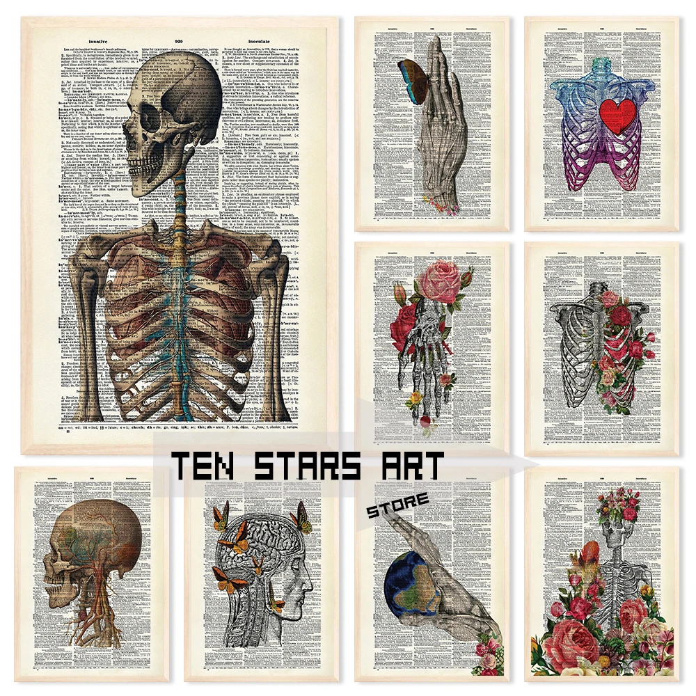 Dictionary of Human Bones Art Poster Canvas Printing Bones Flowers Aesthetic Prints Medical Clinic Wall Art Decor Vintage Decor
