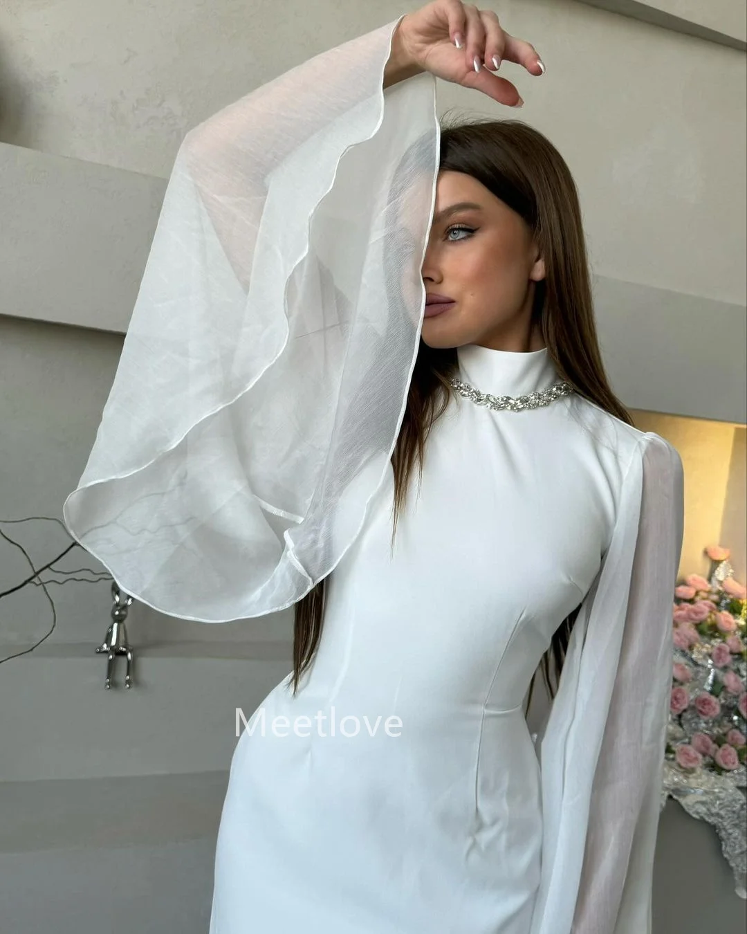 

Meetlove Formal Occasion Dresses Prom Long Dresses Elegant Party Dresses For Women 2024 White Zipper Up Long Sleeves Chiffon