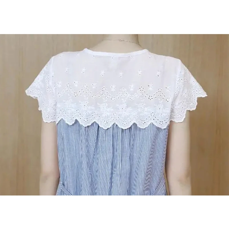 Summer Pregnant Woman Long Blouses Lace Patchwork Peter Pan Collar Stripe Maternity Clothes Short Sleeve Pregnancy Cotton Shirts