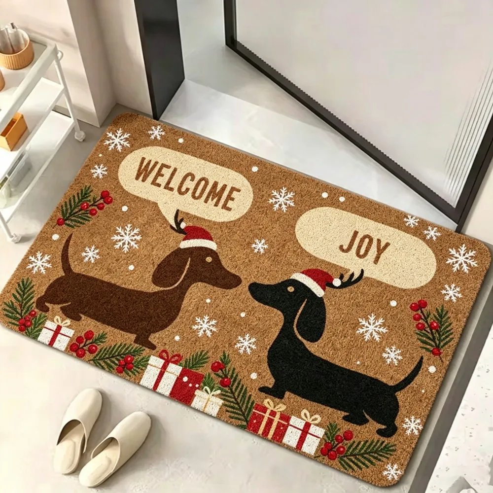 Dachshund Welcome Joy Doormat Snowflake Berry Gift Box Print Non Slip Washable Floor Mat For Festive Season Home Entryway Decor