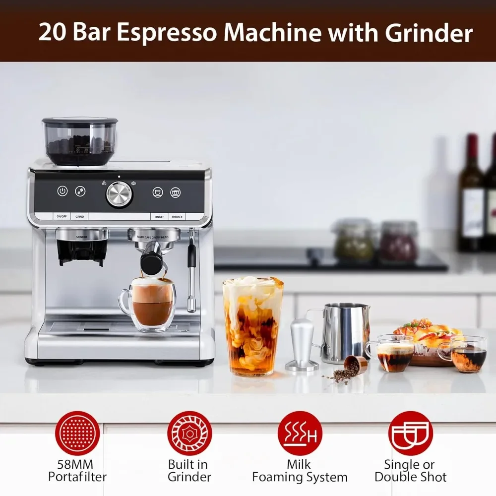 rother, 20 Bar Espresso Coffee Maker, 2.8L Removable Water Tank, 1450W Semi-Automatic Espr