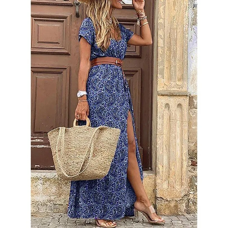 2024  Women's Long Dress Summer Beach Bohemian Dresses Vestido Casual Robe Female Clothing Y2K Floral Skirt Fashion for Women