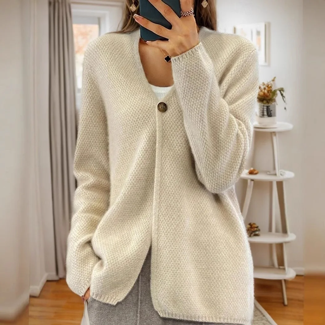 

2026 Women's New Fashion Trend Loose Slim High Quality V-neck Solid Color Long Sleeve Simple Knitted Cardigan Jacket for Women
