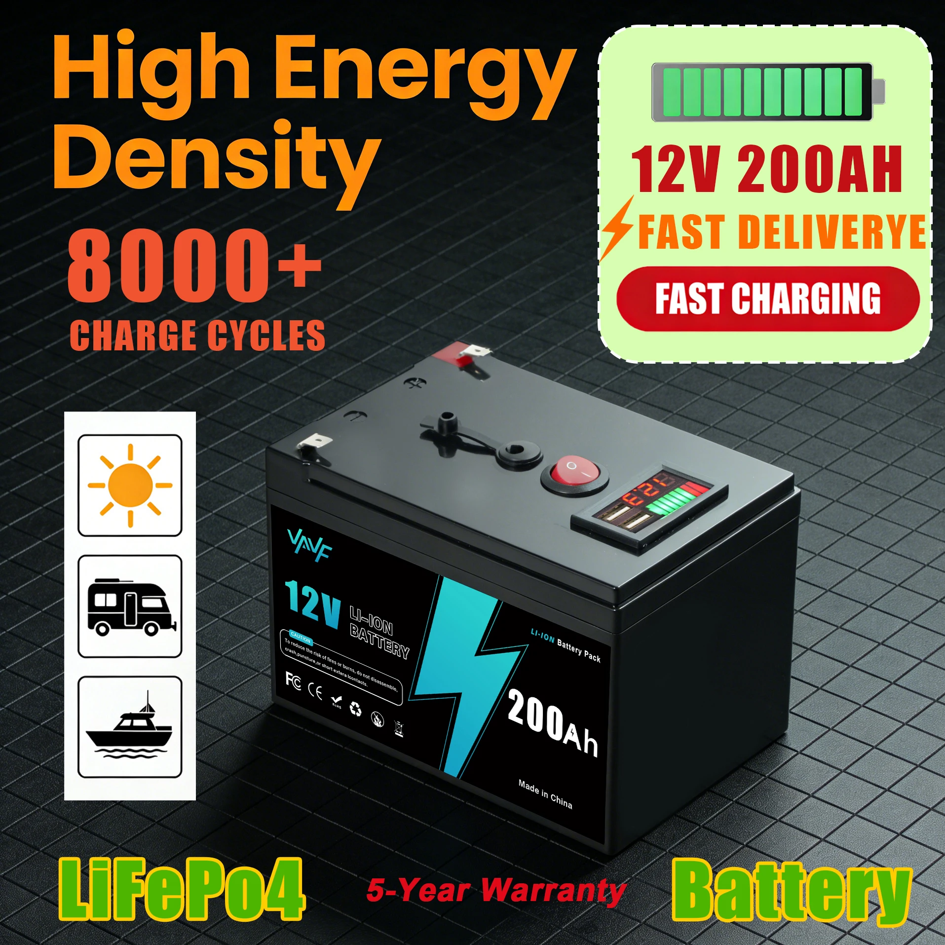 

200AH️12v Rechargeable Battery Lithium Iron Phosphate Battery with BMS for Reliable RV, Off-Grid, Marine&Solar Applications