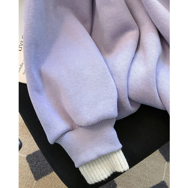 Women Beige Sweatshirt Solid Korean Fashion Y2K Style Vintage Leisure Baggy 2023 Winter Long Sleeves Purple Pullover Tops