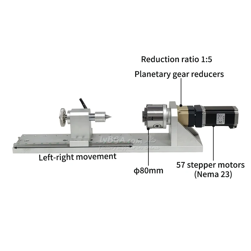 Planetary Gearbox Fourth 4th Axis with Guide Rail Center Height 80mm Max Feed Length 292.5mm Baseboard 600mm NEMA 23 Or 60 Servo