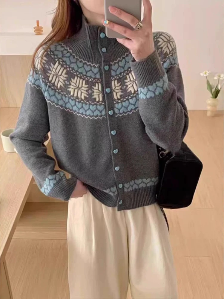 

Винтажные свитера контрастного цвета, водолазка с длинным рукавом, жаккардовый однобортный кардиган, модная универсальная женская одежда 2025 года