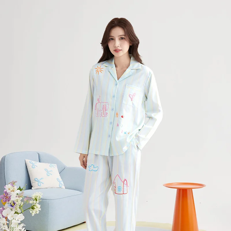 

Cartoon Pajamas Women's Spring Autumn Lyocell Cotton Long Sleeve Nightgown Set Cute Flip Collar Home Clothes Sleepwear