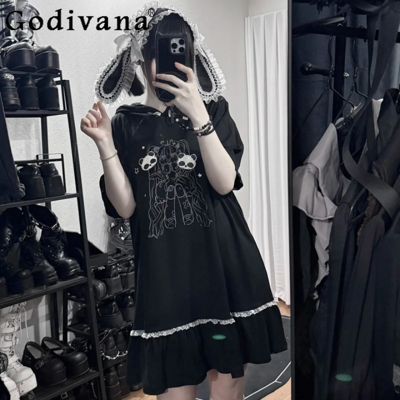

Japanese Girls Kawaii Short Dress Summer 2025 New Student Sweet Cool Cartoon Print Long Hooded T-shirt Shorts 2-piece Streetwear