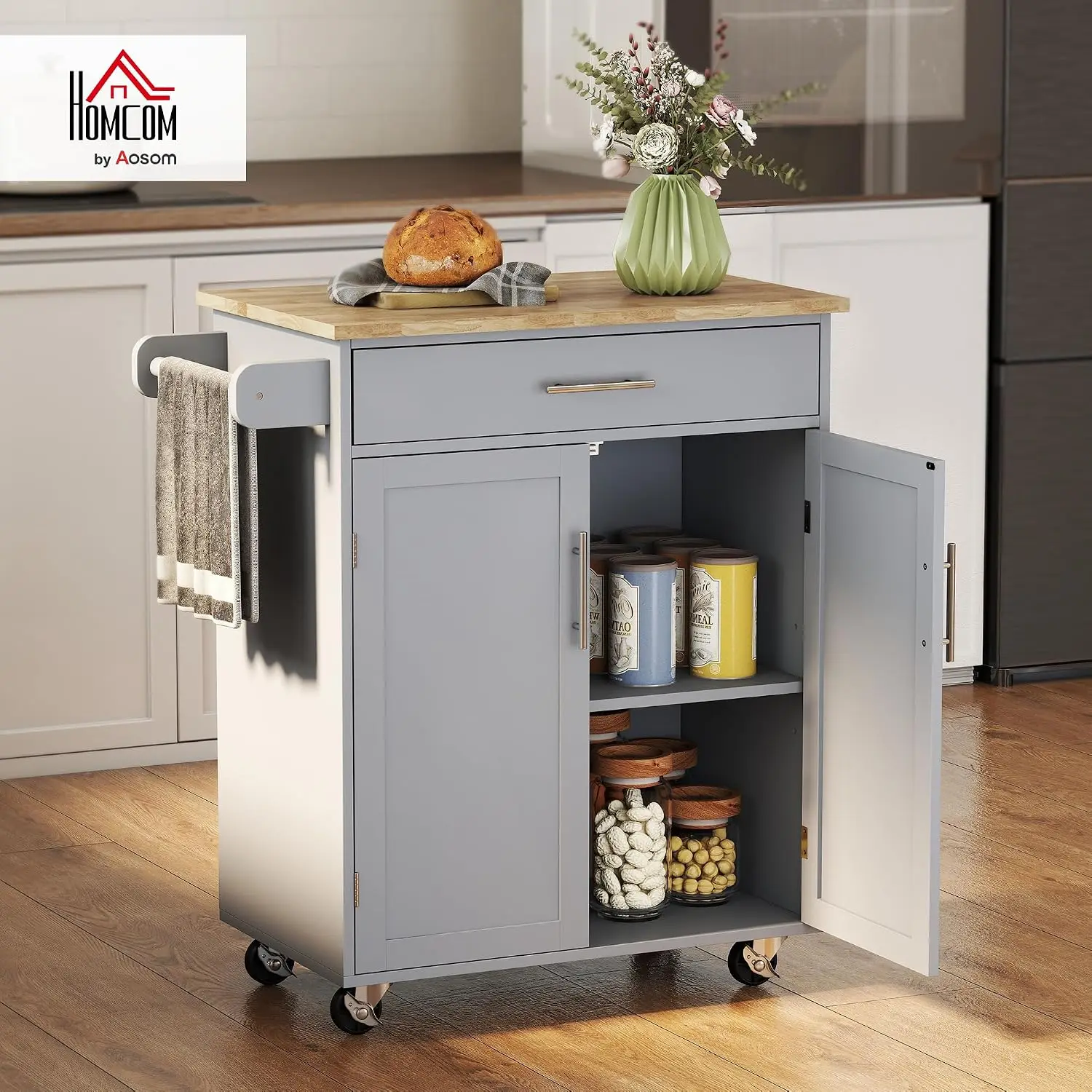 HOMCOM Kitchen Island Cart Rolling Island Table Solid Wood Top Drawer Gray | Trolley Cart, Storage Cabinet, Towel Rack