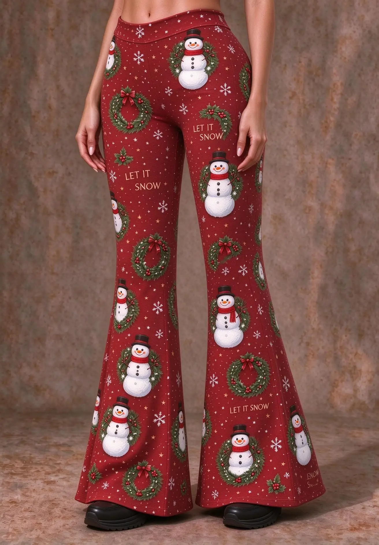 Women Mid Waist Skinny Flare Pants Christmas Wreath Candle Snowflake Print Stretch Bell Bottom Trousers