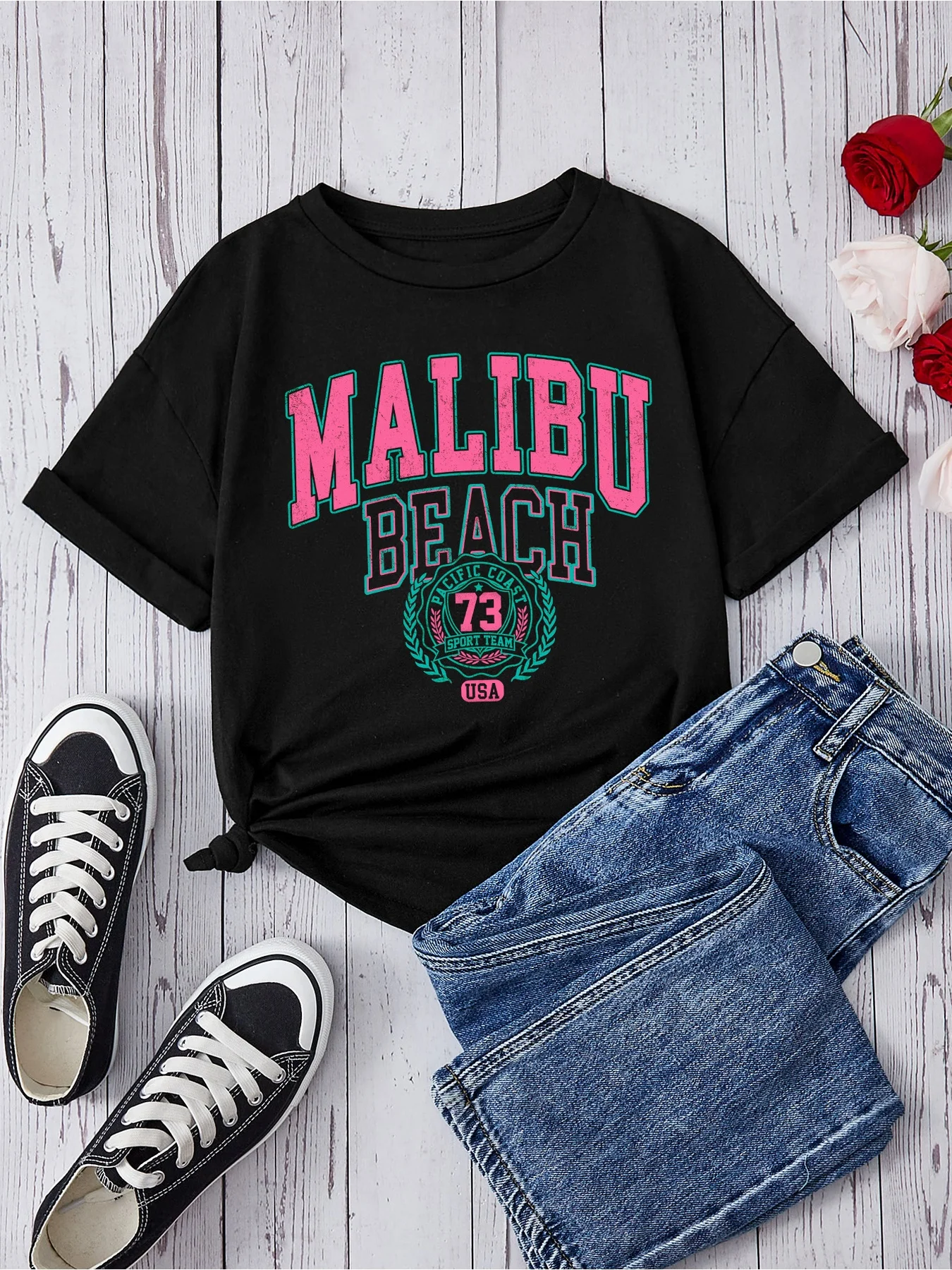 2026 casual and comfortable children's clothing, niche design, letter printing, short-sleeved black loose and versatile top