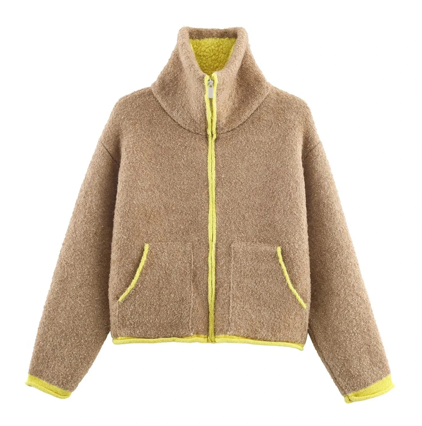 

New Women's Casual Fashion Simple Lazy Style Loose Color Block Layered Knitted Bomber Jacket Short Outerwear