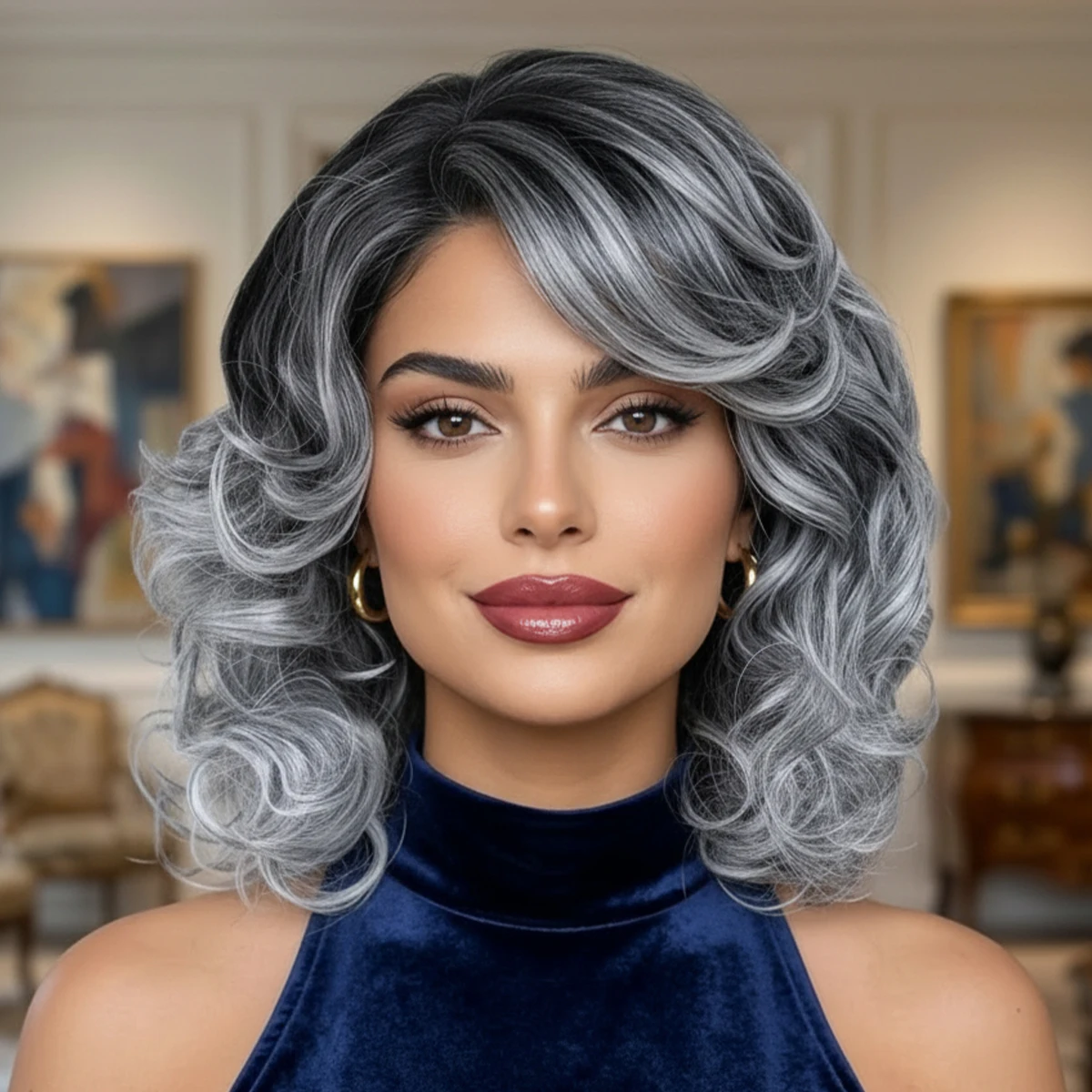 

16 Inch New Silver Grey Ladies Synthetic Wig, Suitable For Daily Wear Festival Wedding Ball Wedding