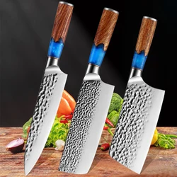 Forged Hammer Pattern Vegetable Cleaver Utility Stainless Steel Chef Knife Resin Wood Handle Sharp Slicing Kitchen Cutting Tool