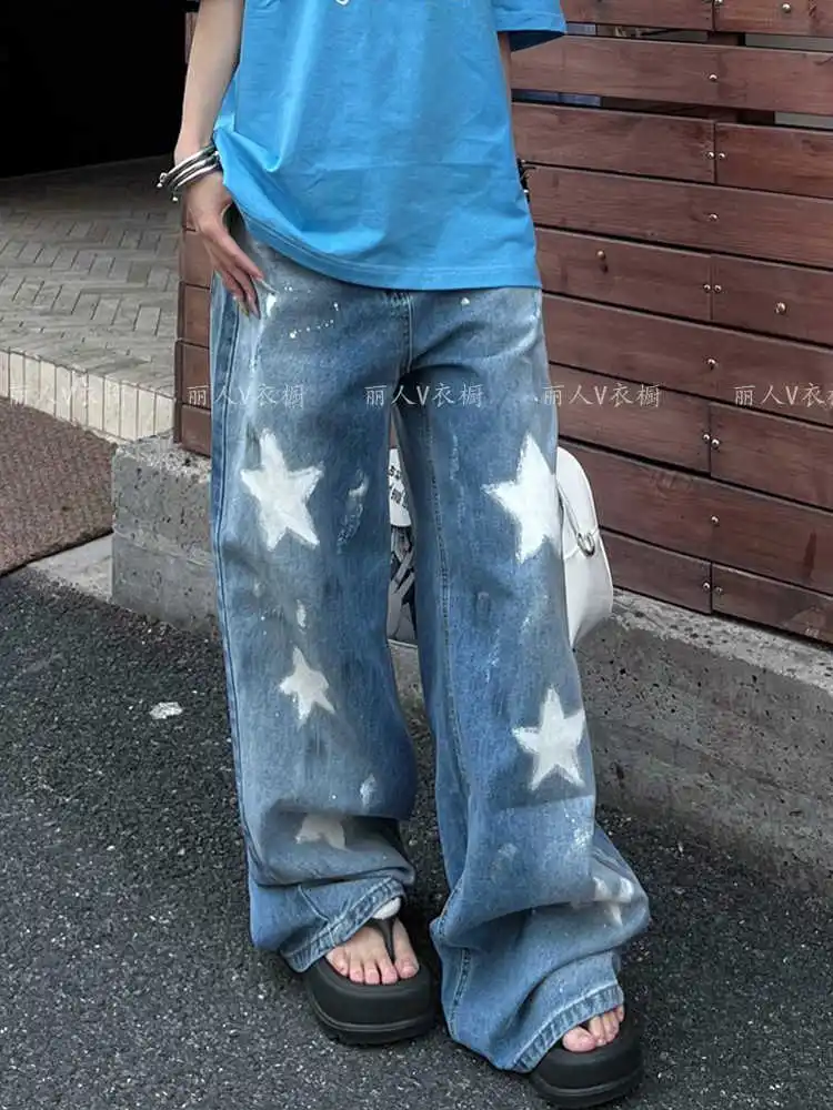 

Blue Womens Jeans High Waist Vintage Design Hip Hop Straight Baggy Denim Pants Street Y2K American Style Wide Leg Denim Trouser
