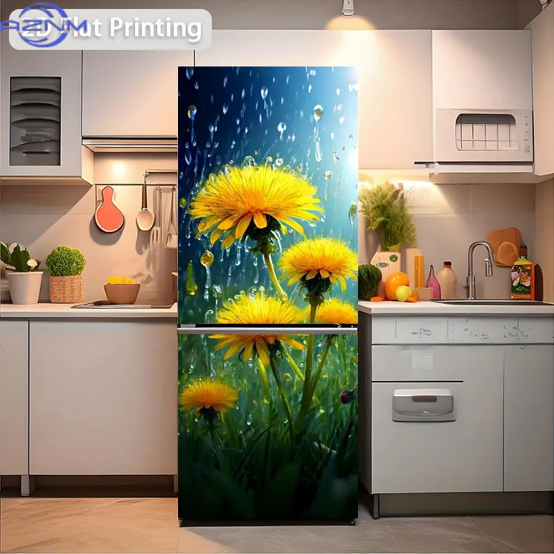 1pc 2D Flat Design Refrigerator Sticker, , with Rain-Dew Yellow Dandelion Scene Theme Design, Self-Adhesive Wall Decal Wallpap