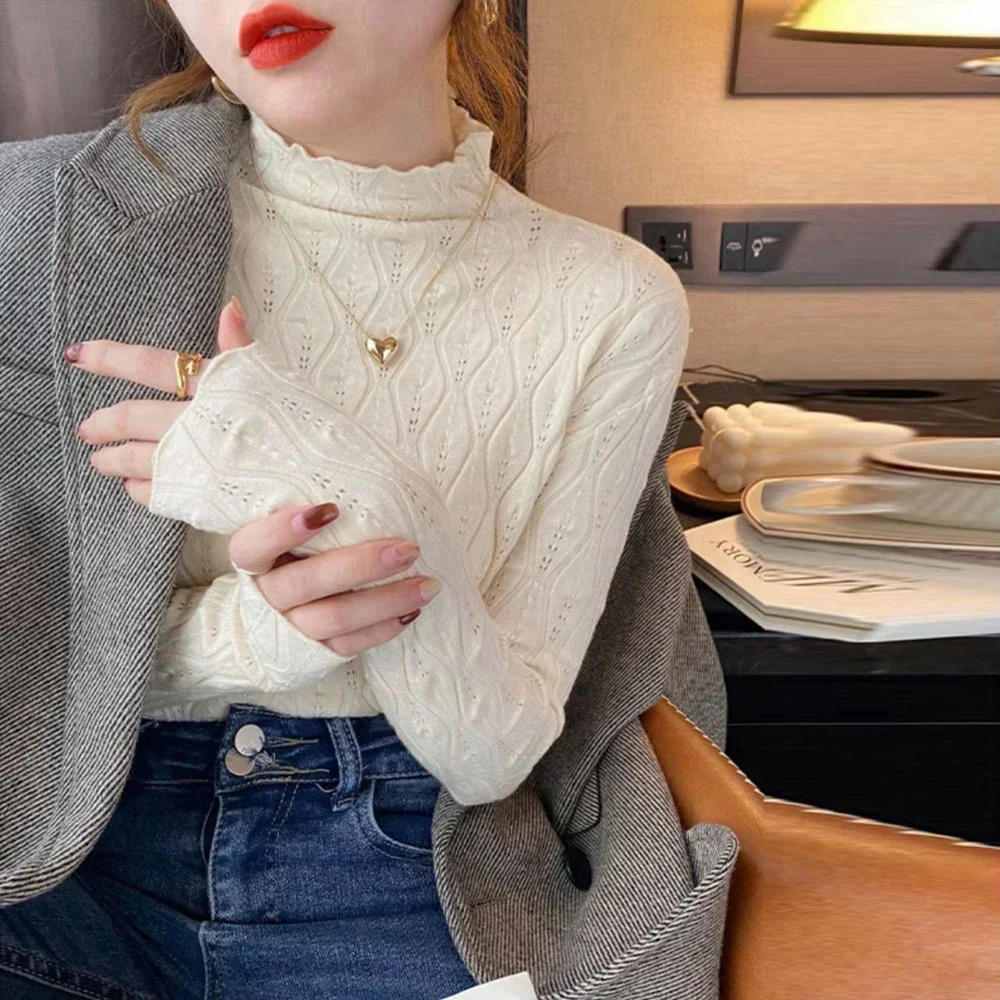 Half High Collar Long Sleeve Shirt Pullover Female Knitted Sweater S-XL Girl Stretch Flowers Lace T Shirt Women Tops Clothes