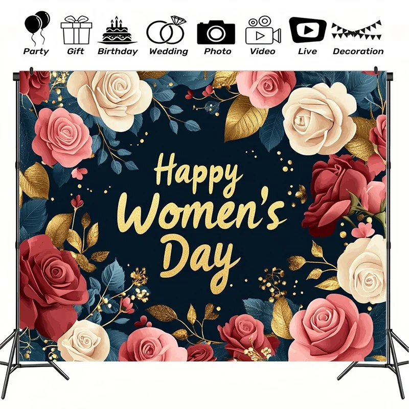 1 telón de fondo elegante de poliéster con temática "Happy Women's Day" con diseño floral y brillo dorado: fiesta duradera y fácil de limpiar