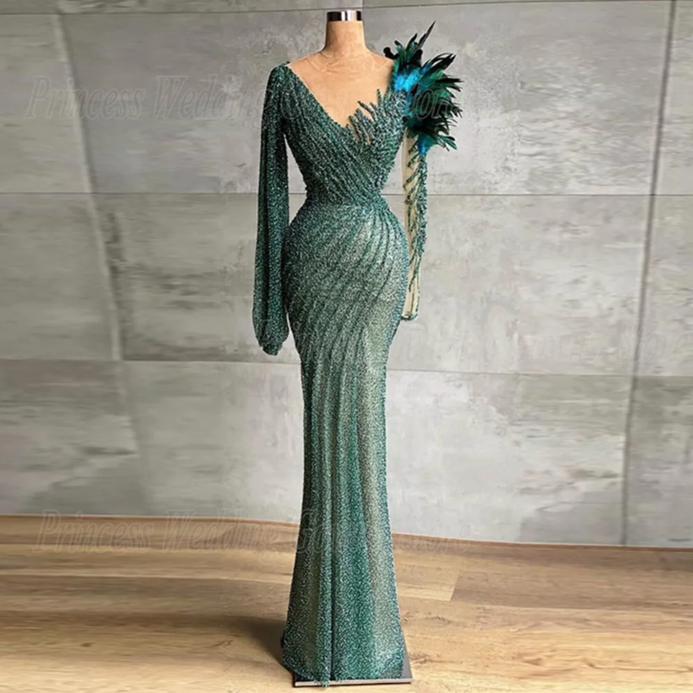 Customized Luxury Green Beading Sequin Prom Dresses Long Sleeve With Feather Floor Length V Neck Sexy Sheer Celebrity Party Gown