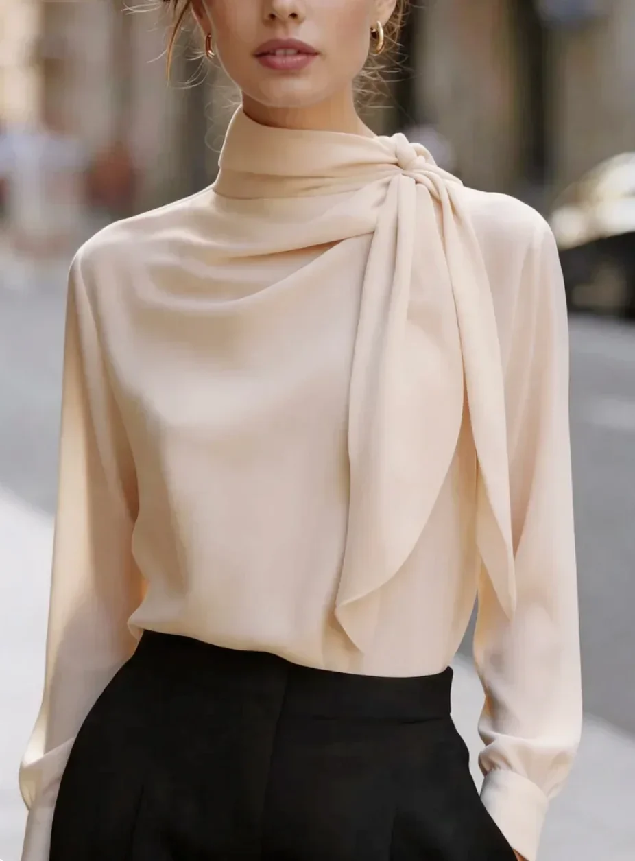 Damen-Bluse aus Satin mit hohem Kragen, langen Ärmeln und Bindeband-Detail, elegantes, drapiertes Oberteil für Büro oder formelle Anlässe – Detail 7