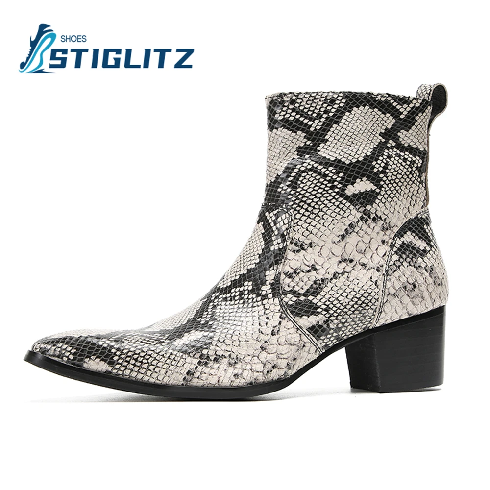 

Python Print Genuine Leather Ankle Boots Fashion Point Toe Men Shoes Square High Heel Chelseas British Style Men's Casual Shoes