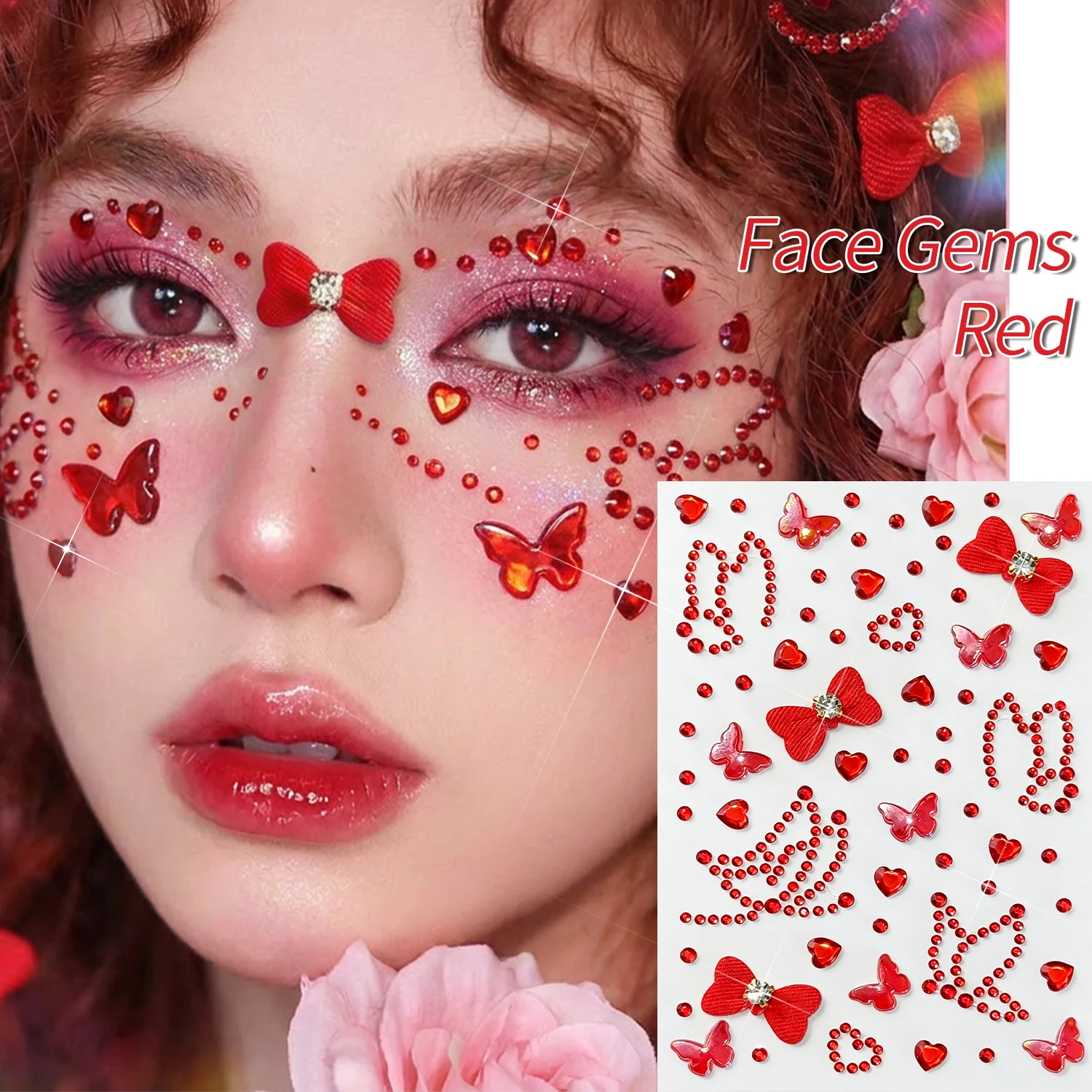 1Pcs 3D Red Heart Butterfly Face Gems Stickers Bowknot Love Rhinestones Self-Adhesive Fake Tattoos for Eyes Body Makeup Decor nk