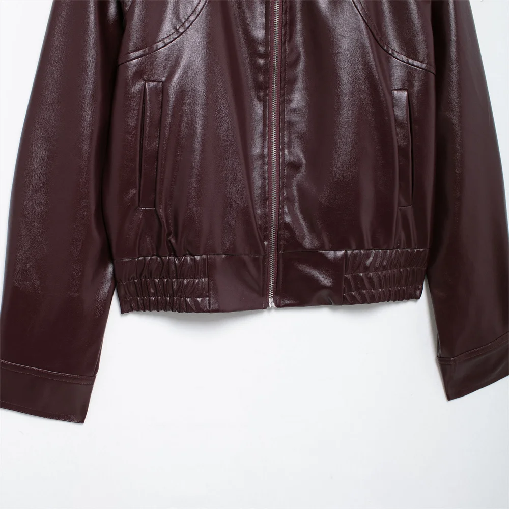 Bmurhmza outono/inverno novo produto jaqueta de couro casual feminino confortável gola retro cor sólida casaco com zíper do plutônio