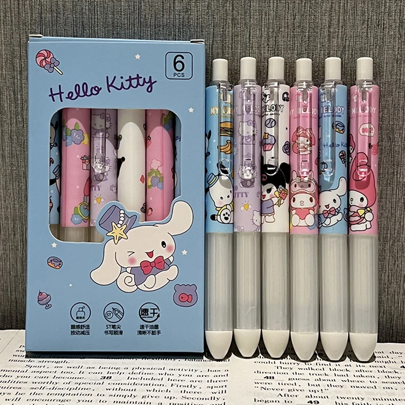 Sanrio Olá Kitty Gel Pen, Bonito Dos Desenhos Animados, Kuromi Melody Cinnamoroll, Alta Aparência, Press Pen, Material Escolar para Meninas, Presente Infantil, 6Pcs