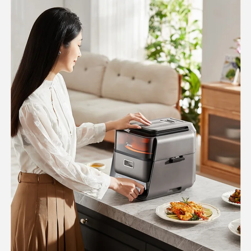 مقلاة هوائية ذكية متعددة الوظائف من ميديا مع نافذة مرئية بدون زيت قابلة للطي وشاشة لمس ثلاثية الأبعاد للطهي للاستخدام المنزلي في المطبخ