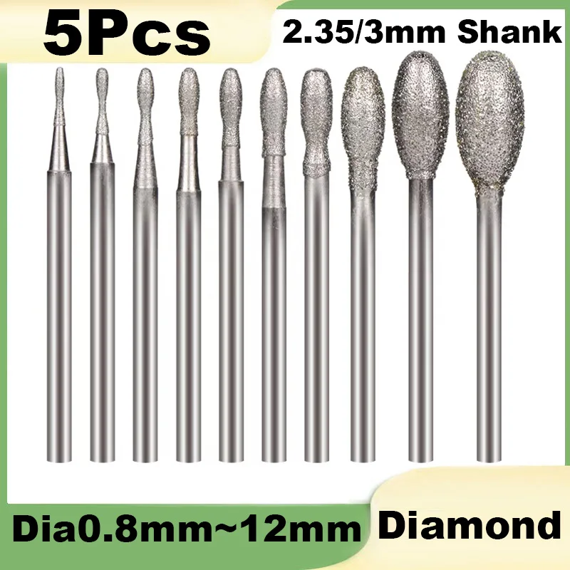5Pcs 0.8mm~12mm Ellipse Electroplated Diamond Burr Grinding Engraving Bit 2.35/3mm Shank Polishing Head for Dremel Rotary Tools