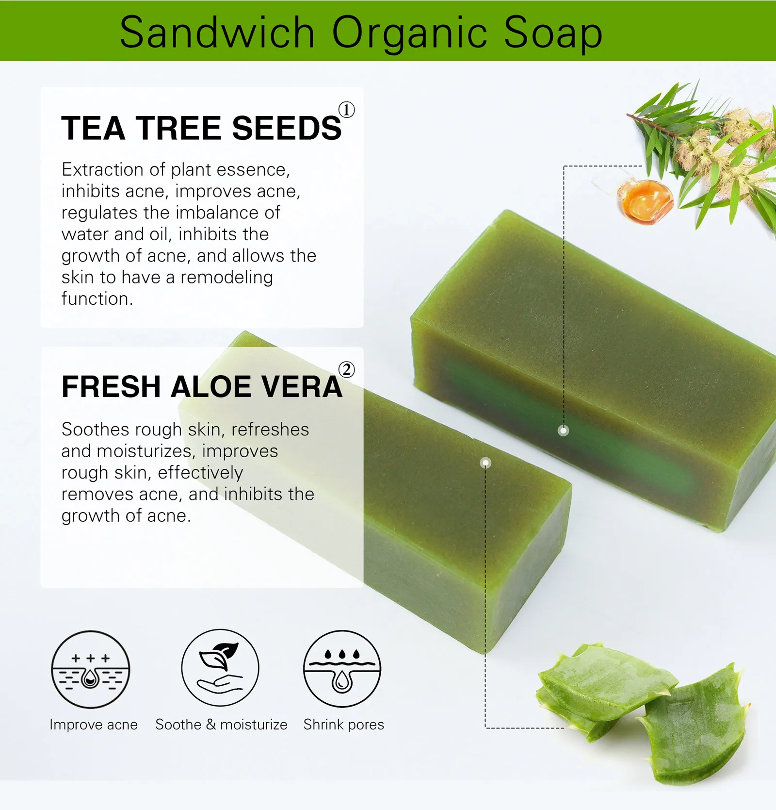 Cool Fresh Natural Aloe Vera Soap Bar für alle Hauttypen, reduziert schwarze Flecken und Akne, aufhellend, Ölkontrolle, Tiefenreinigung